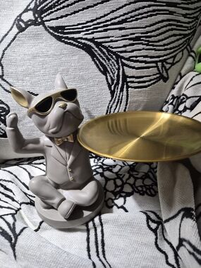 Gray French Bulldog Jewelry Dish with Gold Tray